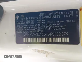 2008 BMW 3 Series 335i with VIN WBAWL73518PX52579, listed as a IAAI auction lot 42185401 with 169,042 mi miles and . Bid and sale history available at DreamBid. Image 9.