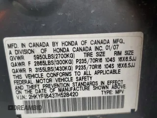 2007 Honda Pilot EX with VIN 2HKYF18437H528420, listed as a Copart auction lot 50230285 with Not Provided miles and Salvage Title. Bid and sale history available at DreamBid. Image 15.