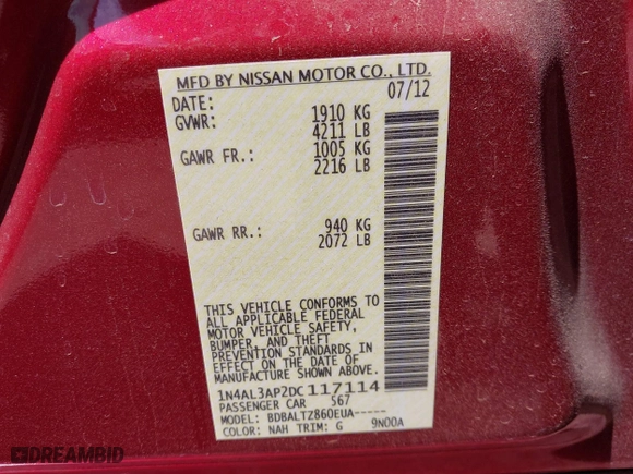 2013 Nissan Altima 2.5 SV with VIN 1N4AL3AP2DC117114, listed as a IAAI auction lot 41877177 with 54,069 mi miles. Bid and sale history available at carsss.com. Image 9.