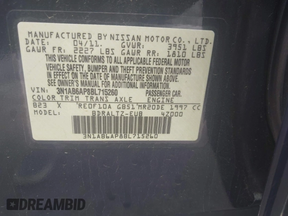 2011 Nissan Sentra SR with VIN 3N1AB6AP8BL715260, listed as a IAAI auction lot 42074977 with 135,501 mi miles and . Bid and sale history available at DreamBid. Image 9.