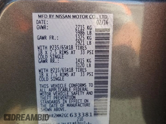 2016 Nissan Pathfinder SL with VIN 5N1AR2MM2GC633381, listed as a Copart auction lot 65333455 with Not provided miles and Clean title. Bid and sale history available at DreamBid. Image 14.