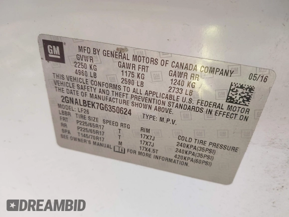 2016 Chevrolet Equinox LS with VIN 2GNALBEK7G6350624, listed as a IAAI auction lot 41045164 with 117,493 mi miles. Bid and sale history available at carsss.com. Image 9.