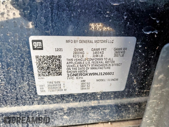 2022 Chevrolet Traverse LT Cloth with VIN 1GNERGKW9NJ126601, listed as a Copart auction lot 56944915 with Not provided miles and Salvage title. Bid and sale history available at DreamBid. Image 13.