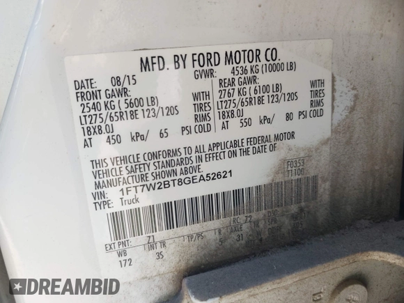 2016 Ford F-250 Lariat with VIN 1FT7W2BT8GEA52621, listed as a IAAI auction lot 42336758 with 208,729 mi miles and . Bid and sale history available at DreamBid. Image 9.