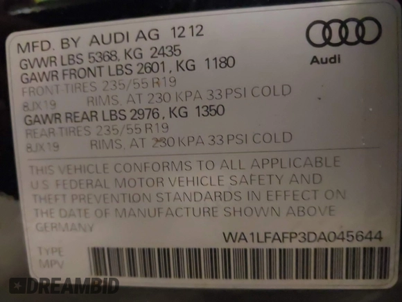 2013 Audi Q5 Premium Plus with VIN WA1LFAFP3DA045644, listed as a IAAI auction lot 42623579 with 188,531 mi miles and . Bid and sale history available at DreamBid. Image 9.