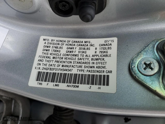 2015 Honda Civic Sedan LX with VIN 2HGFB2F51FH544547, listed as a Copart auction lot 43804025 with 152,928 mi miles and Salvage Title. Bid and sale history available at carsss.com. Image 14.