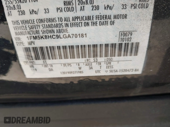2020 Ford Explorer Platinum z VIN 1FM5K8HC9LGA70181, wystawiony jako IAAI lot #42118190 z przebiegiem Nie podano mil oraz . Historia ofert i sprzedaży dostępna na DreamBid. Obrazek 9.