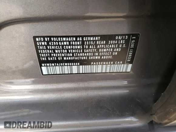 2014 Volkswagen Golf TDI w/Sunroof & Nav z VIN WVWDM7AJ9EW000668, wystawiony jako Copart lot #48564565 z przebiegiem 28 578 mil mil oraz Szkoda całkowita • Salvage title. Historia ofert i sprzedaży dostępna na DreamBid. Obrazek 15.