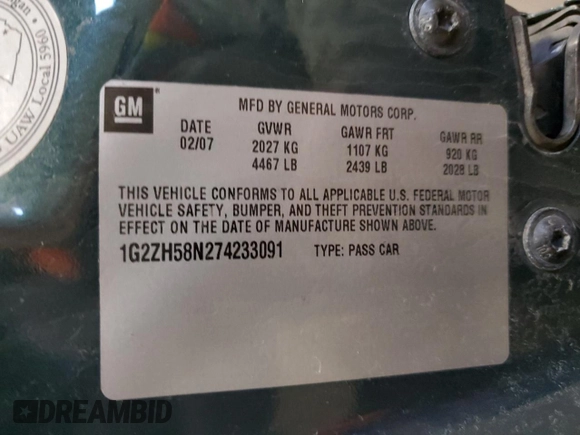 2007 Pontiac G6 GT with VIN 1G2ZH58N274233091, listed as a Copart auction lot 48046915 with 145,954 mi miles and Salvage Title. Bid and sale history available at DreamBid. Image 14.