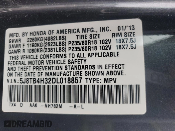 2013 Acura RDX z VIN 5J8TB4H32DL018857, wystawiony jako Copart lot #57393435 z przebiegiem 104 998 mil mil oraz Szkoda całkowita • Salvage title. Historia ofert i sprzedaży dostępna na DreamBid. Obrazek 12.