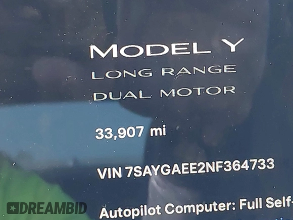 2022 Tesla Model Y Long Range z VIN 7SAYGAEE2NF364733, wystawiony jako IAAI lot #42290231 z przebiegiem 33 907 mil mil oraz . Historia ofert i sprzedaży dostępna na DreamBid. Obrazek 15.