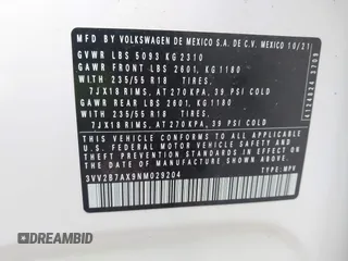 2022 Volkswagen Tiguan SE z VIN 3VV2B7AX9NM029204, wystawiony jako IAAI lot #41248800 z przebiegiem 24 450 mil mil oraz . Historia ofert i sprzedaży dostępna na DreamBid. Obrazek 9.