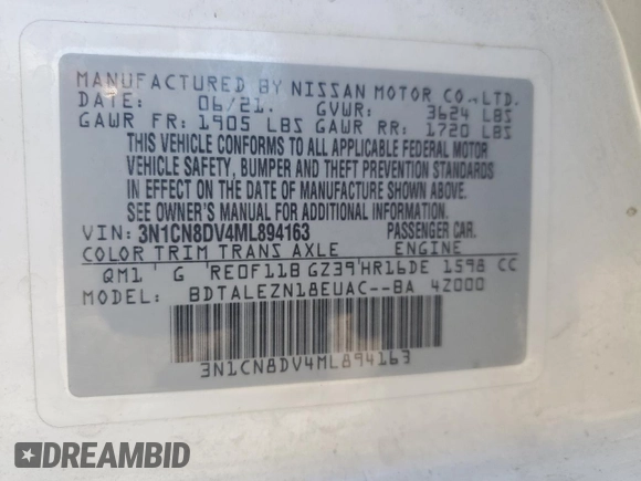 2021 Nissan Versa S with VIN 3N1CN8DV4ML894163, listed as a Copart auction lot 54718295 with 87,903 mi miles and Salvage title. Bid and sale history available at DreamBid. Image 13.