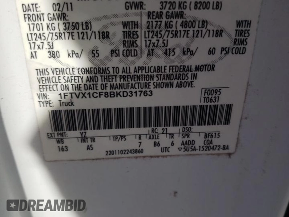 2011 Ford F-150 XL w/HD Payload Pkg with VIN 1FTVX1CF8BKD31763, listed as a Copart auction lot 80561343 with 82,087 mi miles and Salvage Title. Bid and sale history available at carsss.com. Image 13.