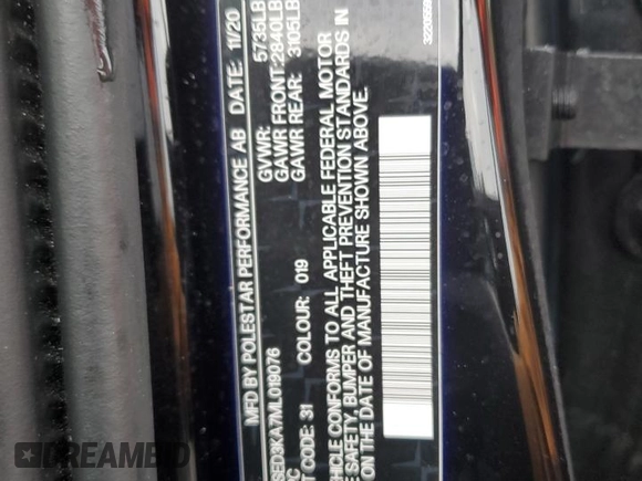 2021 Polestar 2 Launch Edition z VIN LPSED3KA7ML019076, wystawiony jako Copart lot #51487615 z przebiegiem Nie podano mil oraz Szkoda całkowita • Salvage title. Historia ofert i sprzedaży dostępna na DreamBid. Obrazek 12.