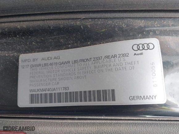 2018 Audi A4 Premium with VIN WAUKMAF40JA111783, listed as a IAAI auction lot 41348897 with 1 mi miles. Bid and sale history available at carsss.com. Image 9.