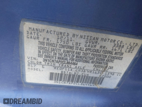 2012 Nissan Versa SV with VIN 3N1CN7AP2CL864464, listed as a IAAI auction lot 42571245 with 180,268 mi miles and . Bid and sale history available at DreamBid. Image 9.