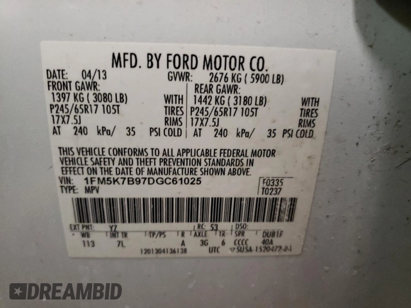 2013 Ford Explorer z VIN 1FM5K7B97DGC61025, wystawiony jako Copart lot #43255695 z przebiegiem 164 961 mil mil oraz Szkoda całkowita • Salvage title. Historia ofert i sprzedaży dostępna na DreamBid. Obrazek 13.