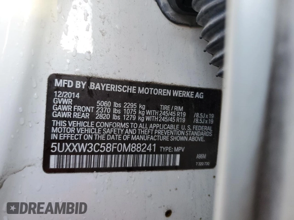 2015 BMW X4 xDrive28i with VIN 5UXXW3C58F0M88241, listed as a Copart auction lot 66591742 with 95,658 mi miles. Bid and sale history available at carsss.com. Image 10.