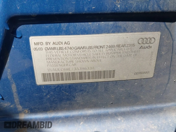 2003 Audi A4 1.8T z VIN WAULC68E73A396334, wystawiony jako IAAI lot #42042609 z przebiegiem 155 748 mil mil oraz . Historia ofert i sprzedaży dostępna na DreamBid. Obrazek 9.