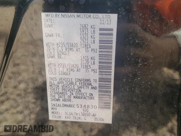 2014 Infiniti QX60 with VIN 5N1AL0MN8EC514830, listed as a Copart auction lot 53358405 with 201,527 mi miles and Salvage title. Bid and sale history available at DreamBid. Image 13.