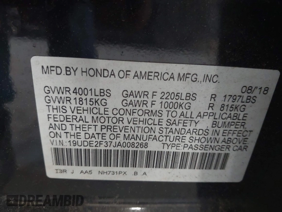 2018 Acura ILX with VIN 19UDE2F37JA008268, listed as a IAAI auction lot 42796989 with 91,044 mi miles and . Bid and sale history available at DreamBid. Image 9.