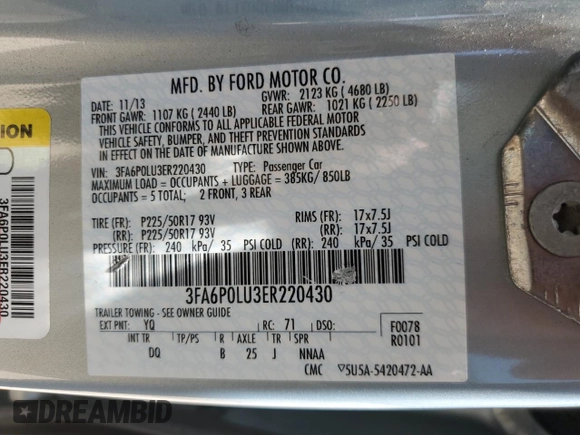 2014 Ford Fusion SE Hybrid with VIN 3FA6P0LU3ER220430, listed as a Copart auction lot 61405455 with 170,221 mi miles and Salvage title. Bid and sale history available at DreamBid. Image 12.