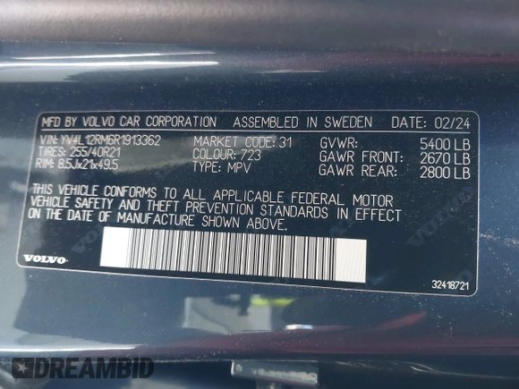 2024 Volvo XC60 Ultimate Dark Theme с VIN YV4L12RM6R1913362, выставлен на аукционе IAAI как лот 41596343 с пробегом 4 171 миль миль и . История ставок и продаж доступна на DreamBid. Изображение 9.