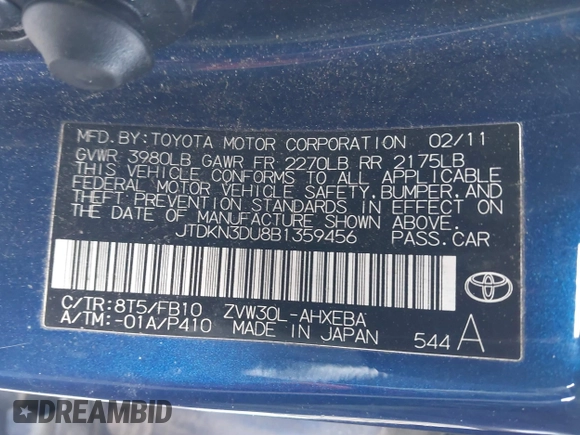 2011 Toyota Prius I with VIN JTDKN3DU8B1359456, listed as a IAAI auction lot 41380670 with 18,348 mi miles and . Bid and sale history available at DreamBid. Image 9.