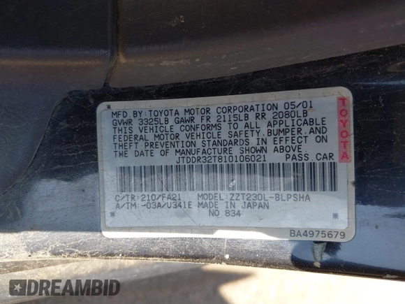2001 Toyota Celica GT с VIN JTDDR32T810106021, выставлен на аукционе IAAI как лот 42500579 с пробегом Не указан миль и . История ставок и продаж доступна на DreamBid. Изображение 9.