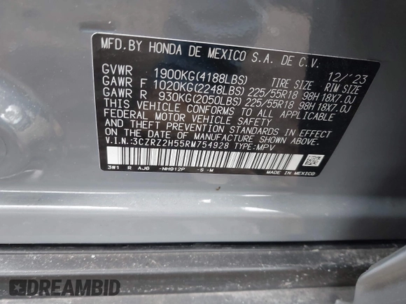 2024 Honda HR-V Sport with VIN 3CZRZ2H55RM754928, listed as a IAAI auction lot 41276974 with 41,237 mi miles and . Bid and sale history available at DreamBid. Image 9.