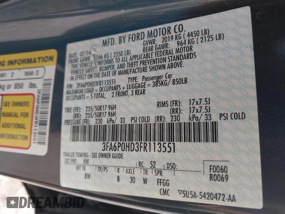 2015 Ford Fusion SE with VIN 3FA6P0HD3FR113551, listed as a IAAI auction lot 41871920 with 69,910 mi miles. Bid and sale history available at carsss.com. Image 9.