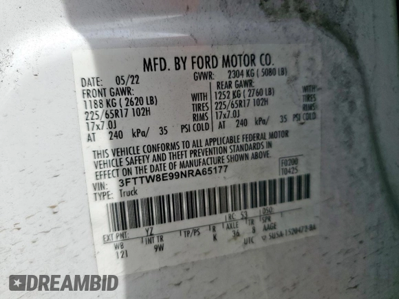 2022 Ford Maverick XL with VIN 3FTTW8E99NRA65177, listed as a Copart auction lot 50105825 with 53,933 mi miles and Salvage Title. Bid and sale history available at DreamBid. Image 14.