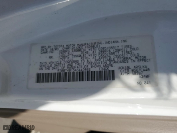 2004 Toyota Tundra Ltd with VIN 5TBBT48154S442062, listed as a Copart auction lot 52220095 with 277,343 mi miles and Salvage Title. Bid and sale history available at carsss.com. Image 14.