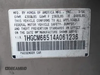 2004 Honda Accord EX with VIN 1HGCM66514A061236, listed as a IAAI auction lot 42565461 with 214,605 mi miles and . Bid and sale history available at DreamBid. Image 9.