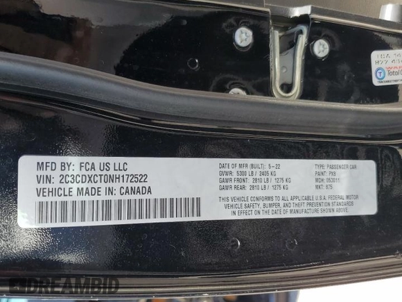 2022 Dodge Charger R/T with VIN 2C3CDXCT0NH172522, listed as a Copart auction lot 65553044 with Not Provided miles and Salvage Title. Bid and sale history available at DreamBid. Image 13.