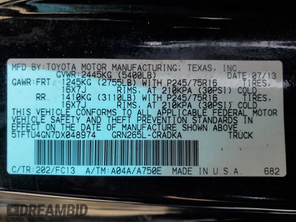 2013 Toyota Tacoma PreRunner z VIN 5TFTU4GN7DX048974, wystawiony jako Copart lot #51467925 z przebiegiem 123 067 mil mil oraz Szkoda całkowita • Salvage title. Historia ofert i sprzedaży dostępna na DreamBid. Obrazek 14.