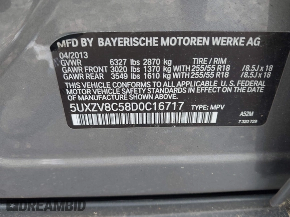 2013 BMW X5 xDrive50i with VIN 5UXZV8C58D0C16717, listed as a IAAI auction lot 42627144 with 165,724 mi miles and . Bid and sale history available at DreamBid. Image 9.