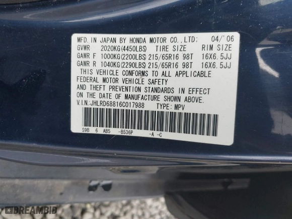 2006 Honda CR-V EX with VIN JHLRD68816C017988, listed as a IAAI auction lot 41842031 with 204,947 mi miles. Bid and sale history available at carsss.com. Image 9.