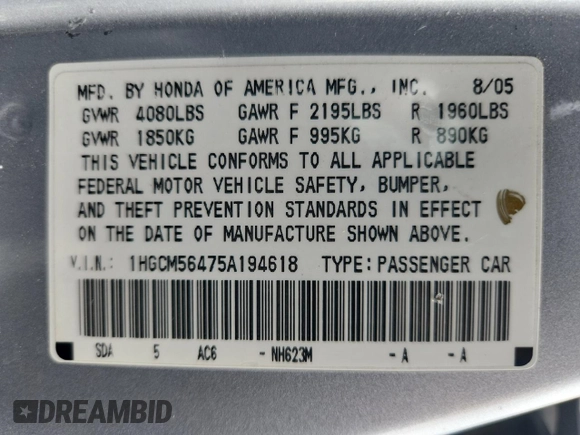 2005 Honda Accord LX с VIN 1HGCM56475A194618, выставлен на аукционе Copart как лот 60308625 с пробегом 187 599 миль миль и Списание • Salvage title. История ставок и продаж доступна на DreamBid. Изображение 12.