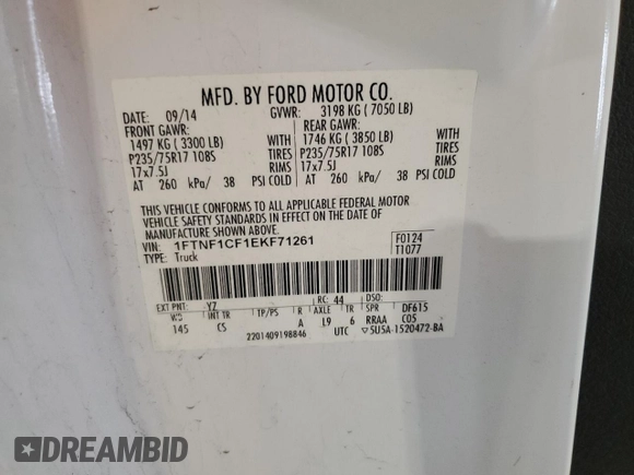 2014 Ford F-150 XL с VIN 1FTNF1CF1EKF71261, выставлен на аукционе Copart как лот 60958835 с пробегом 108 383 миль миль и Списание • Salvage title. История ставок и продаж доступна на DreamBid. Изображение 12.