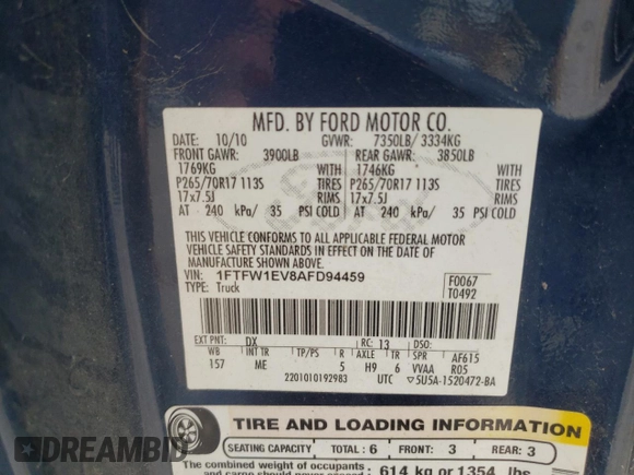 2010 Ford F-150 XL with VIN 1FTFW1EV8AFD94459, listed as a Copart auction lot 60367055 with 177,775 mi miles and Salvage title. Bid and sale history available at DreamBid. Image 12.