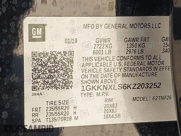 2019 GMC Acadia Denali with VIN 1GKKNXLS6KZ203252, listed as a IAAI auction lot 42505781 with 98,692 mi miles and . Bid and sale history available at DreamBid. Image 9.