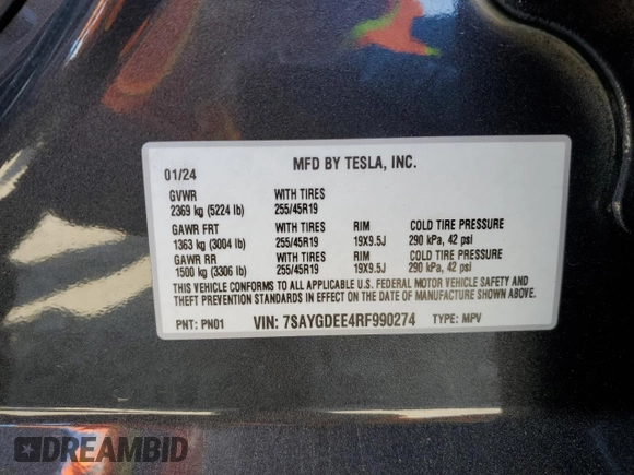 2024 Tesla Model Y Long Range with VIN 7SAYGDEE4RF990274, listed as a Copart auction lot 54239025 with 8,726 mi miles and Salvage title. Bid and sale history available at DreamBid. Image 12.