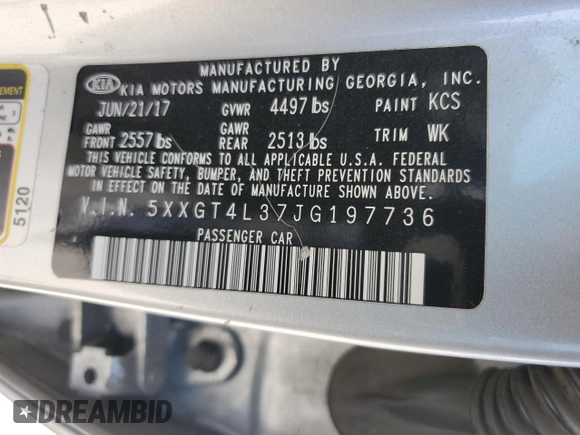 2018 Kia Optima S with VIN 5XXGT4L37JG197736, listed as a Copart auction lot 57527615 with 70,204 mi miles and Salvage title. Bid and sale history available at DreamBid. Image 12.