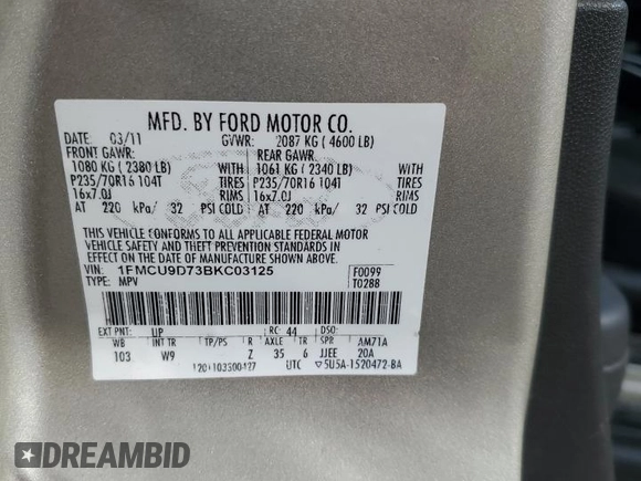 2011 Ford Escape XLT с VIN 1FMCU9D73BKC03125, выставлен на аукционе Copart как лот 65629545 с пробегом 182 633 миль миль и Списание • Salvage title. История ставок и продаж доступна на DreamBid. Изображение 14.