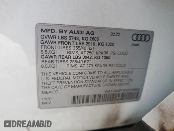 2022 Audi SQ5 Prestige with VIN WA1C4AFY5N2076968, listed as a Copart auction lot 78462893 with 20,920 mi miles. Bid and sale history available at carsss.com. Image 14.