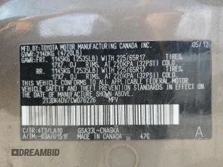 2012 Toyota RAV4 Limited с VIN 2T3DK4DV7CW076226, выставлен на аукционе Copart как лот 57250095 с пробегом 155 615 миль миль и Списание • Salvage title. История ставок и продаж доступна на DreamBid. Изображение 12.