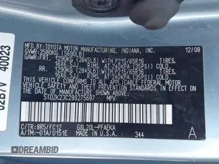 2009 Toyota Sienna CE with VIN 5TDZK23C29S275687, listed as a IAAI auction lot 42142599 with 140,729 mi miles. Bid and sale history available at carsss.com. Image 9.