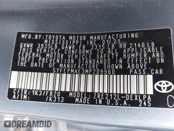 2021 Toyota Corolla LE with VIN 5YFEPMAE3MP209960, listed as a IAAI auction lot 42233229 with 55,288 mi miles and . Bid and sale history available at DreamBid. Image 9.